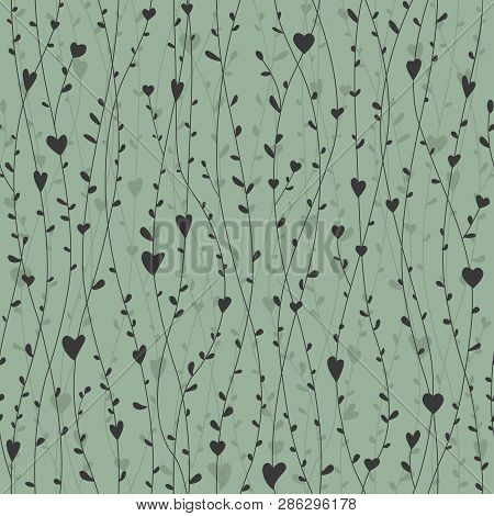 Cute Seamless Pattern With Hearts Branches For Retro Wallpapers, Textile Prints, Or Bedding. Vector 