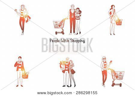 People With Shopping - Families And People With Shopping Bags And Baskets With Purchases Vector Conc