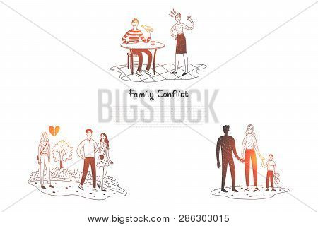 Family Conflict - People Having Difficult Situations And Quarrelling In Family Vector Concept Set. H