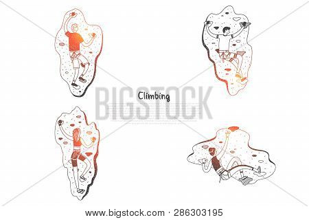 Climbing - People Climbing Artificial Hills Vector Concept Set. Hand Drawn Sketch Isolated Illustrat