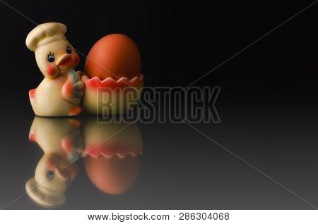 Chicken Egg On The Stand. Chicken Egg On A Baby Stand. Chicken Egg On Dark Background. For Egg Adver