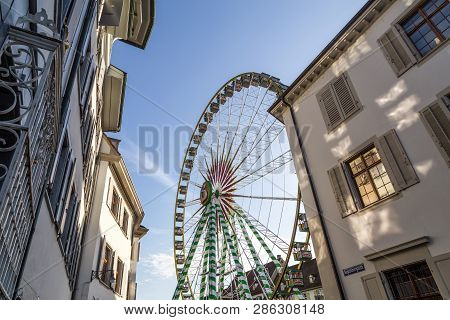 Basel, Switzerland - October 24, 2016: Big Ferris Wheel For The Autumn Market In The City Center