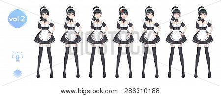 Anime Manga Girl, Cartoon Character In Japanese Style. Costume Of Maid Cafe. Set Of Emotions. Sprite