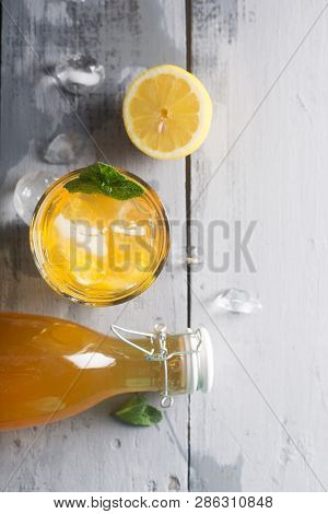 Kombucha Lemonade Is A Fermented Drink Made From Tea And Lemon, Produced Using Culture Scoby