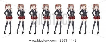 Anime Manga Girl, Cartoon Character In Japanese Style. Student Girl In A Black Blazer, A Red Skirt I
