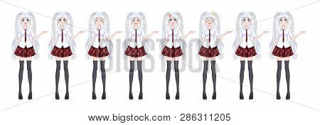 Anime Manga Girl, Cartoon Character In Japanese Style. In A White Shirt, A Red Skirt In A Cage, A Ti