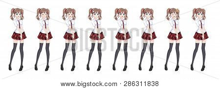 Anime Manga Girl, Cartoon Character In Japanese Style. In A White Shirt, A Red Skirt In A Cage, A Ti