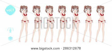 Anime Manga Girl, Cartoon Character In Japanese Style. In A Summer Bikini Swimsuit. Set Of Emotions.