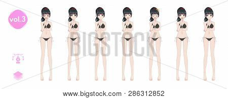 Anime Manga Girl, Cartoon Character In Japanese Style. In A Summer Bikini Swimsuit. Set Of Emotions.