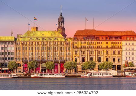 Hamburg, Germany - July 27, 2018: Beautiful View Of Hamburg City Center With Cathedral Tower And Als