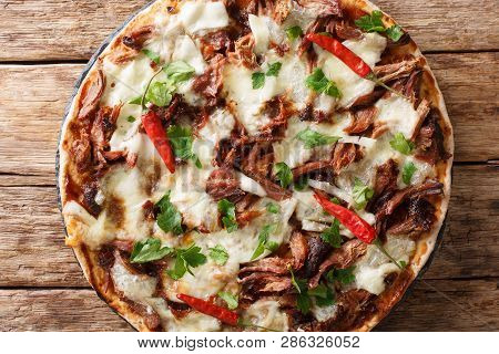 Spicy Pulled Pork Pizza With Mozzarella Cheese, Herbs And Barbecue Sauce Close-up. Horizontal Top Vi