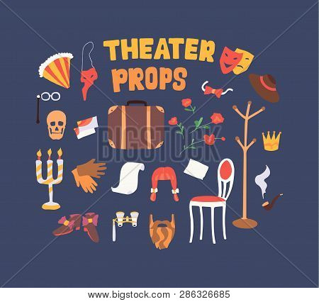 Flat Vector Illustration Of Theater Props.  Dramatic Theater Things. Color Simple Icon Set. Concept 