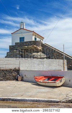 Traditional chapel of Panagia Thalassini in the  Chora town of Andros island, Cyclades, Greece