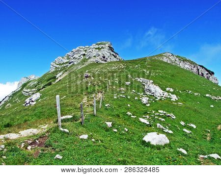Mountain Hikers On The Alpine Peak Of Margelchopf And In The Alviergruppe Mountain Range - Canton Of