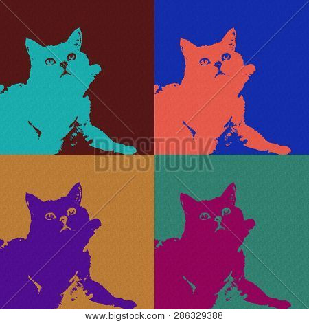 Colorful Abstract Frame, Set Of Bright Cat On Diffrent Backgrounds Close-up. Pop Art Style