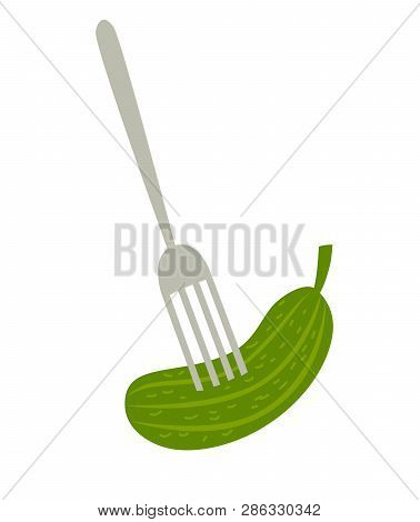 Fork With Cucumber Vector Illustration. Russian Tradicional Symbol.travel To Russia Concept Art Cart