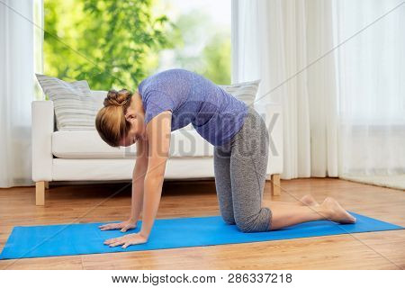 fitness, yoga and healthy lifestyle concept - woman doing cat pose on mats at home