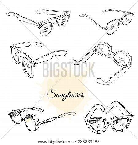 Collection Of Hand Drawn Sunglasses. Monochrome Sketch Objects Isolated On White Background. Vector 