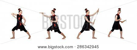 Funny woman with nunchucks isolated on white