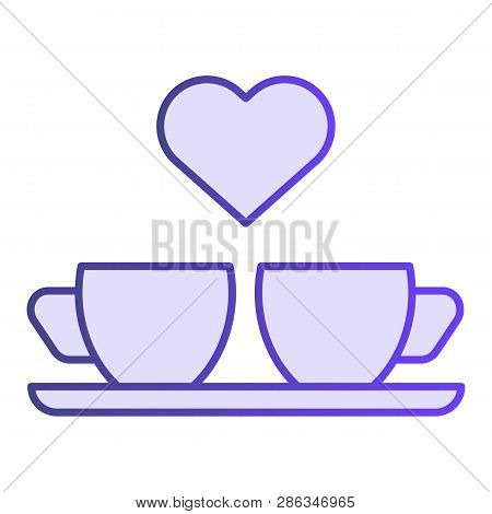 Heart And Two Coffee Cups Flat Icon. Two Mugs And Heart Violet Icons In Trendy Flat Style. Romantik 