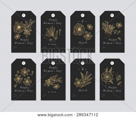 Vector Linear Design For Womens Day Greetings Elements On White Background. Spring Golidays Tags Set