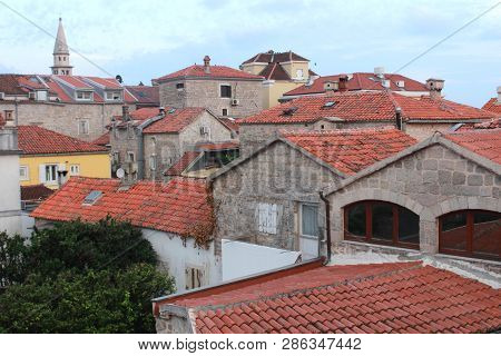 Beautiful Cityscape Of Old Town Of Budva With Red Tiled Roofs, Montenegro.