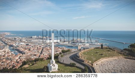 Sete, France - January 4, 2019: Architectural Detail Of The Cross Of Mont Saint Clair Overlooking Th