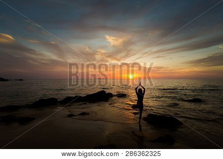 Tropical Summer Yoga Session On Beautiful Sunset Beach, Koh Kradan Island In Thailand. Vriksha Asana