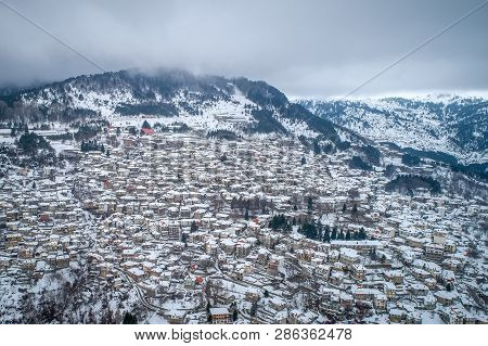 Aerial View Of The Snowy Metsovo Is A Town In Epirus, In The Mountains Of Pindus In Northern Greece