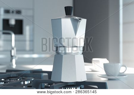 Geyser Coffee Maker On The Kitchen. 3d Rendering
