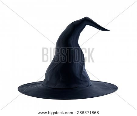 Black halloween witch hat isolated on white background