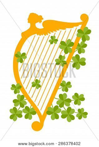 Vector Flat Style Illustration With Orange Harp Silhouette And Clover Leaves. Decorative Element For