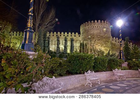 Fountain In The Philarmony Park In Baku City, Azerbaijan. Philharmonic Fountain Park.