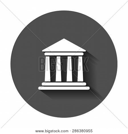 Bank Building Icon In Flat Style. Government Architecture Vector Illustration With Long Shadow. Muse