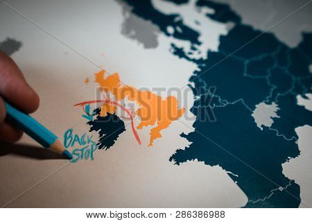 Hand Drawing A Red Line Between The Uk And Northern Ireland, Backstop And Brexit Concept.