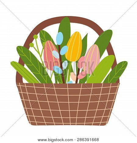 Spring Time Bucket With Flowers, Tulips And Willow