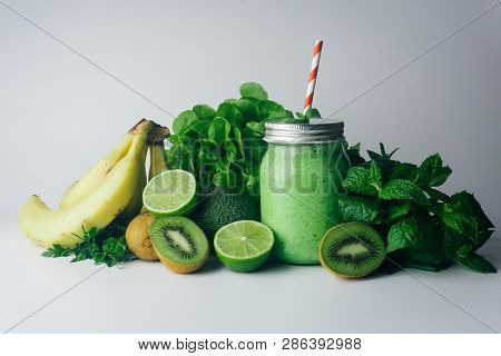 Green Detox Healthy Smoothie From Green Fruit - Avocado, Salad, Kale, Lime, Kiwi, Mint. Alkaline Die