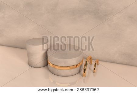 3d Rendered Gold And Pastel Bige Geometric Shapes, Podium In The Room. Set Of Platforms For Product 
