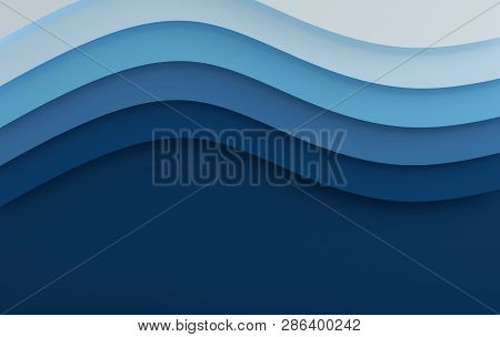 Blue Sea Elegant Paper Art Cartoon Abstract Waves. Paper Carve Background. Modern Origami Design Tem