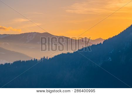 Panoramic View From Village Puergg Over Valley Ennstal To Sunset Over Mountains Gumpeneck And Hangof