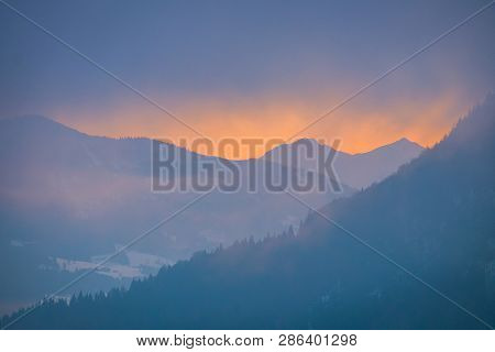 Panoramic View From Village Puergg Over Valley Ennstal To Sunset Over Mountains Gumpeneck And Hangof
