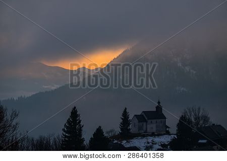 Panoramic View From Church In Village Puergg Over Valley Ennstal To Sunset Over Mountain Gumpeneck I