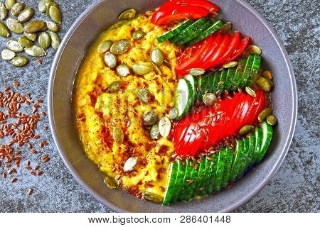 Polenta With Vegetables. Corn Porridge With Vegetables. Vegan Lunch Bowl With Corn Porridge. Vegan P