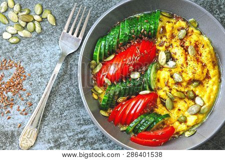 Polenta With Vegetables. Corn Porridge With Vegetables. Vegan Lunch Bowl With Corn Porridge. Vegan P