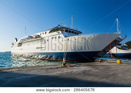 Ferryboats In Port Of Igoumenitsa, Greece. Traveling To Corfu Island.