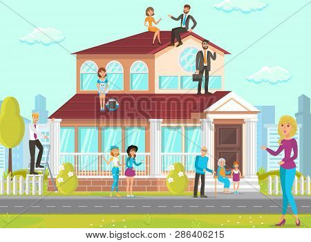 Vector Illustration Flat Lawyer Consultation For Population. Law Firm Building In Big City Against B