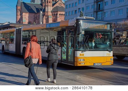 Mainz, Germany On Feb, 25 - 2019: Bus Line 63 Drives On The Road In Mainz City. A Bus Of The Mvg, Th