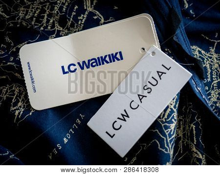 MOSCOW, RUSSIA - FEBRUARY 23, 2019: T-shirt label, LC Waikiki logo