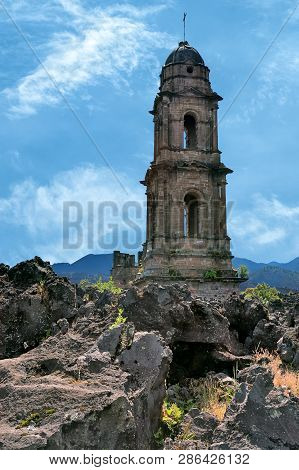 San Juan Parangaricutiro, Small Village Near The Paricutin Volcano In Michoacan, Mexico. Destroyed D