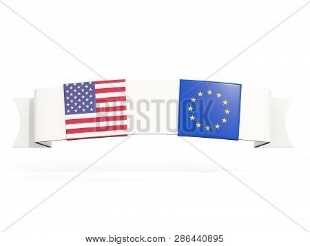 Banner With Two Square Flags Of United States And Eu